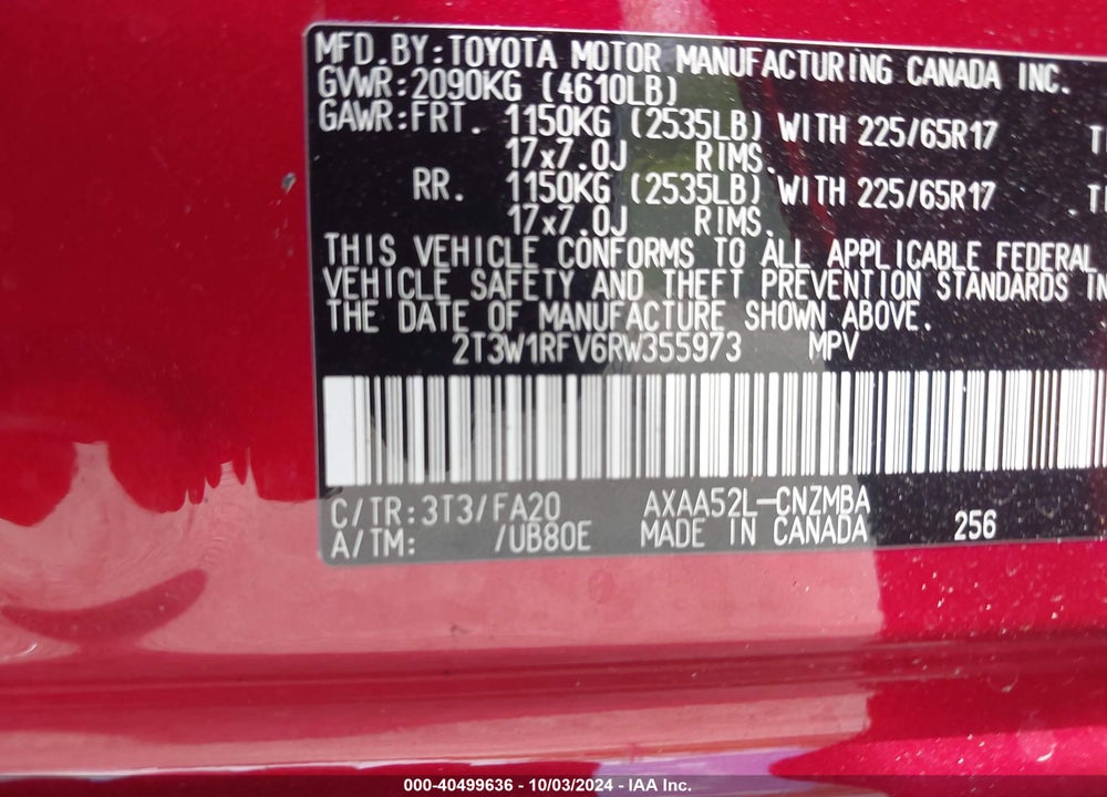 2024 TOYOTA RAV4 XLE VIN: 2T3W1RFV6RW355973