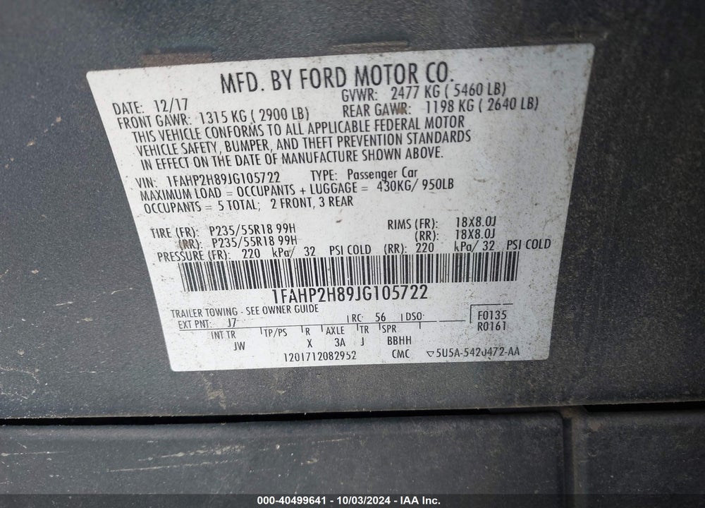 2018 FORD TAURUS SEL VIN: 1FAHP2H89JG105722