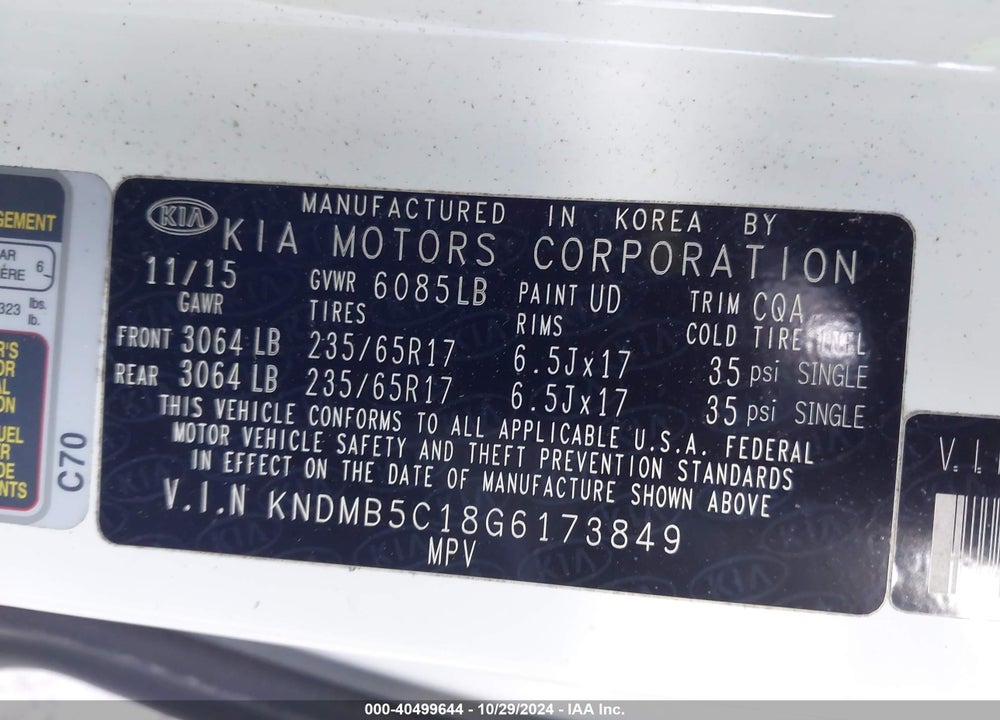 2016 KIA SEDONA LX VIN: KNDMB5C18G6173849