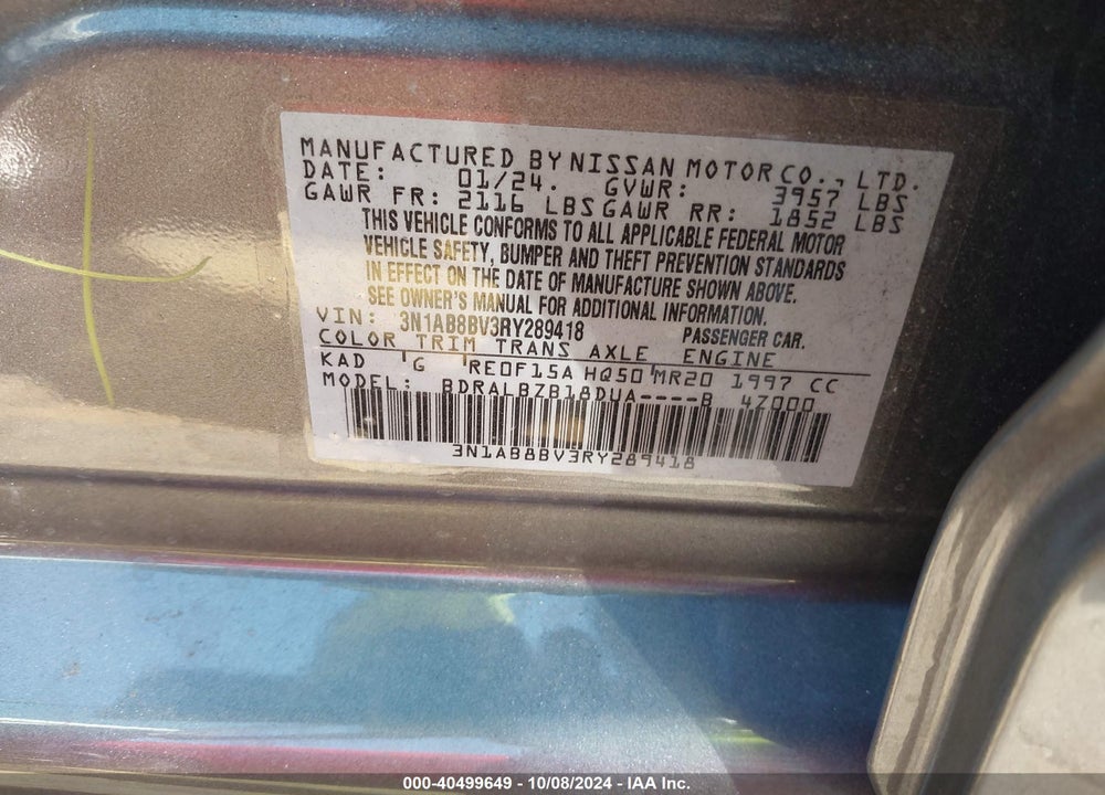2024 NISSAN SENTRA VIN: 3N1AB8BV3RY289418