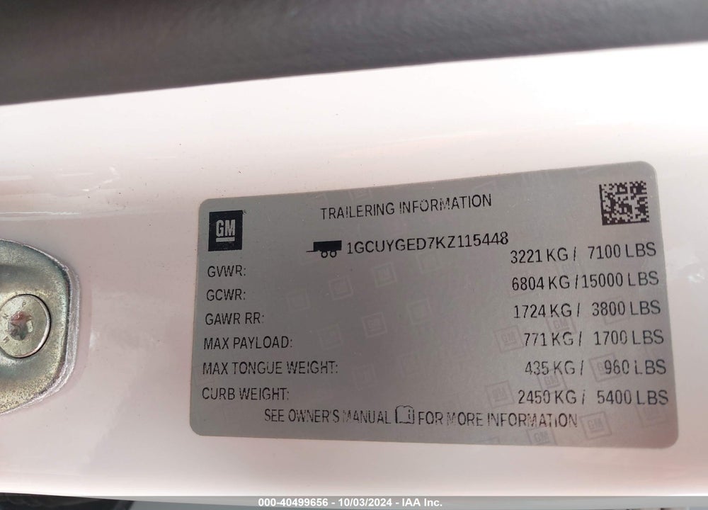 2019 CHEVROLET SILVERADO 1500 LTZ VIN: 1GCUYGED7KZ115448