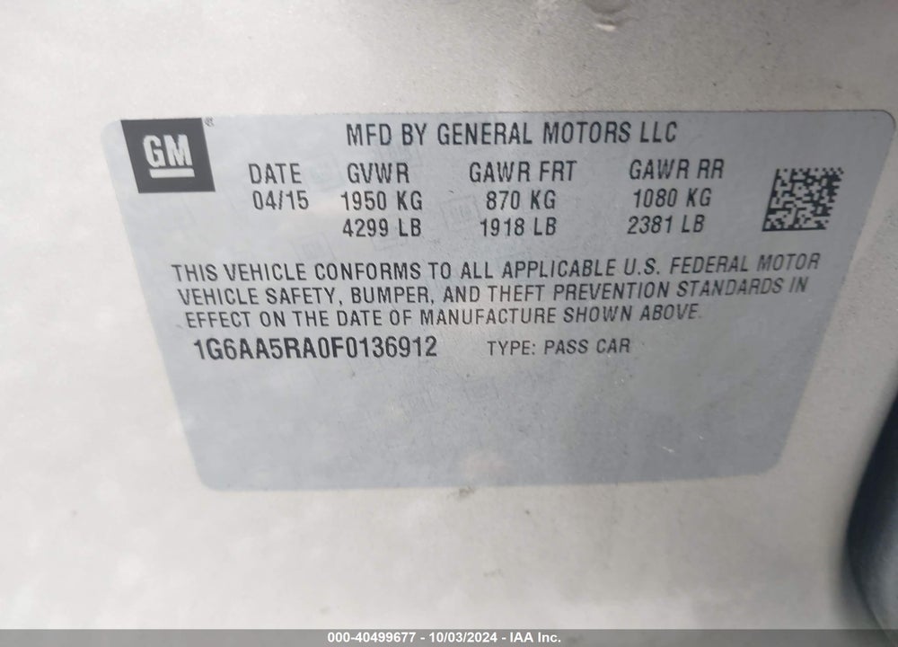 2015 CADILLAC ATS STANDARD VIN: 1G6AA5RA0F0136912