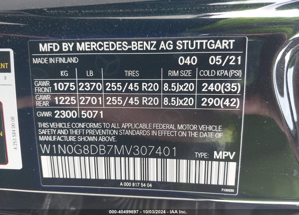 2021 MERCEDES-BENZ GLC 300 SUV VIN: W1N0G8DB7MV307401