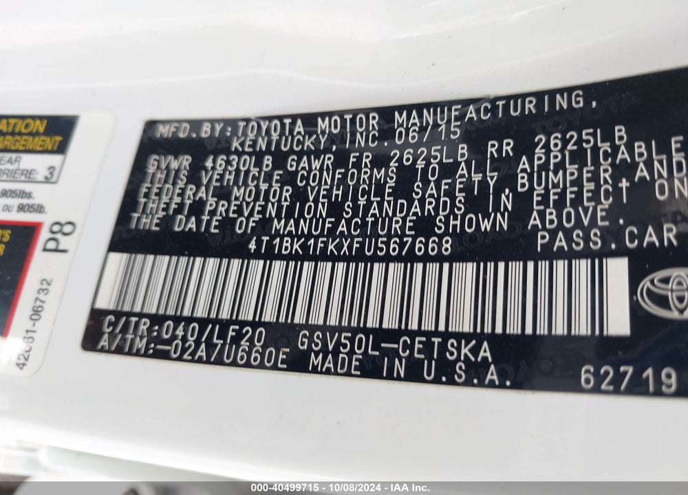 2015 TOYOTA CAMRY XSE V6 VIN: 4T1BK1FKXFU567668