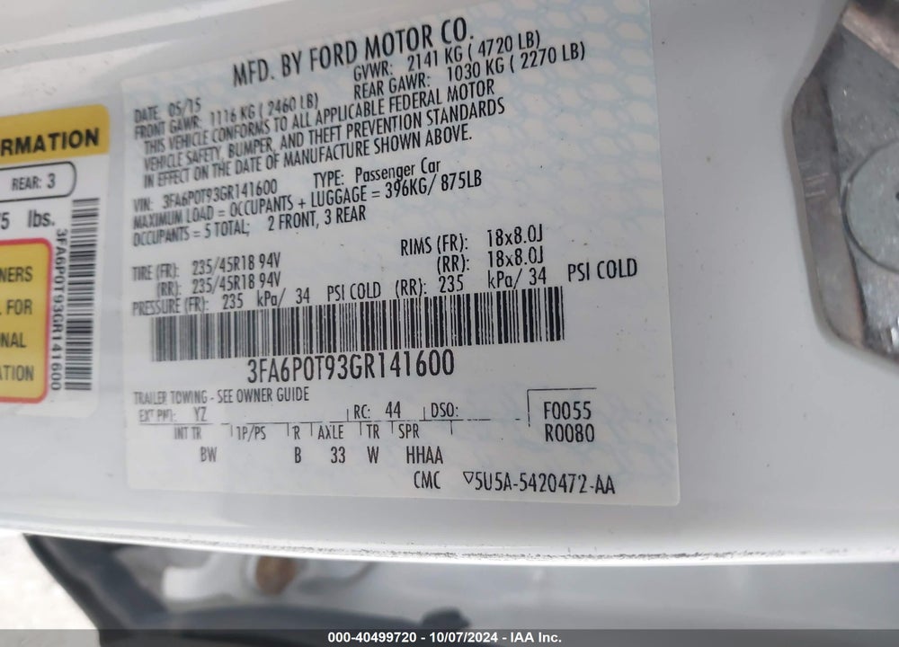 2016 FORD FUSION SE VIN: 3FA6P0T93GR141600