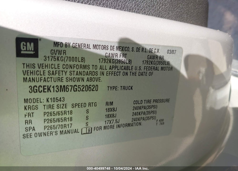 2007 CHEVROLET SILVERADO 1500 LTZ VIN: 3GCEK13M67G520620