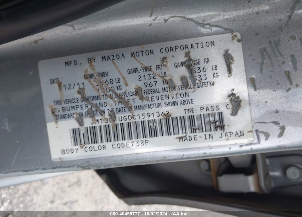 2012 MAZDA 3 I SPORT VIN: JM1BL1UG0C1591362