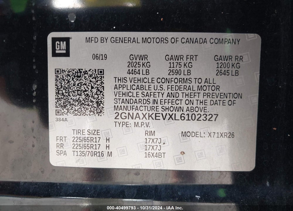 2020 CHEVROLET EQUINOX FWD LT 1.5L TURBO VIN: 2GNAXKEVXL6102327