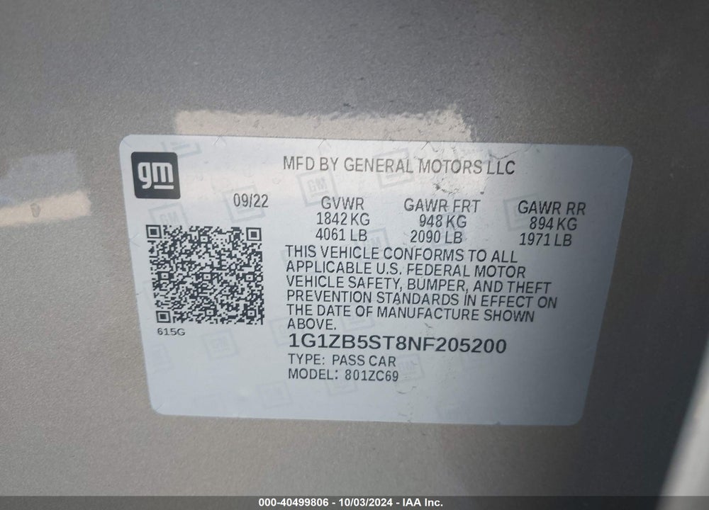 2022 CHEVROLET MALIBU FWD LS VIN: 1G1ZB5ST8NF205200