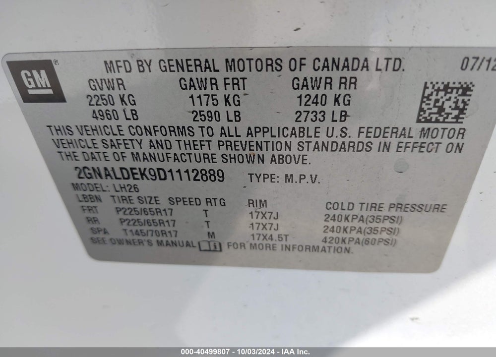 2013 CHEVROLET EQUINOX VIN: 2GNALDEK9D1112889