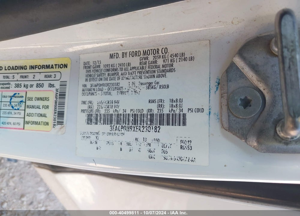 2014 FORD FUSION SE VIN: 3FA6P0H9XER230182