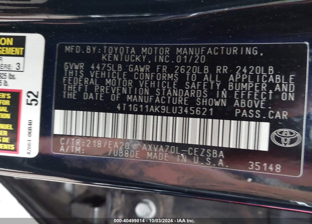 2020 TOYOTA CAMRY SE VIN: 4T1G11AK9LU345621
