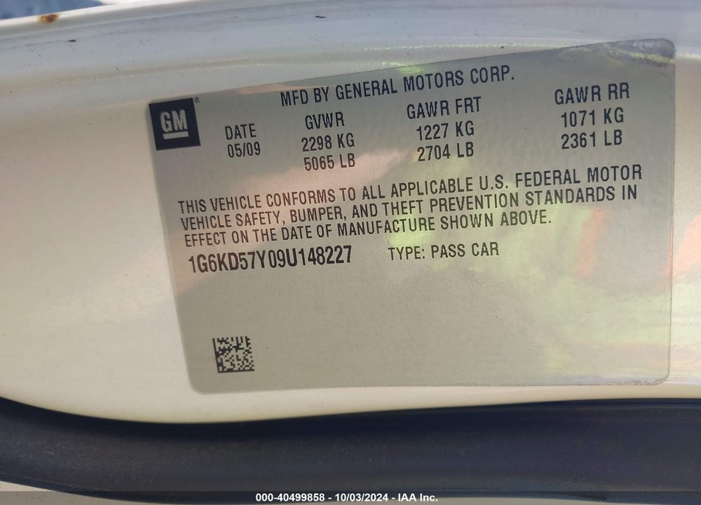 2009 CADILLAC DTS 1SD VIN: 1G6KD57Y09U148227