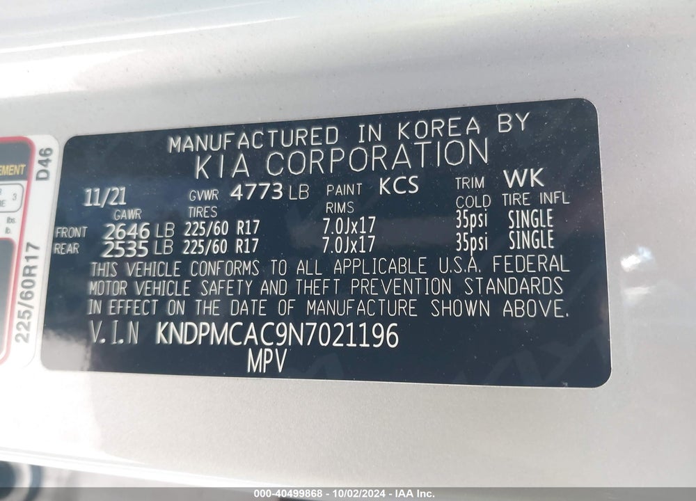 2022 KIA SPORTAGE LX VIN: KNDPMCAC9N7021196