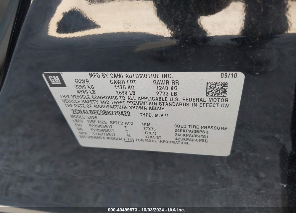 2011 CHEVROLET EQUINOX LS VIN: 2CNALBEC9B6228420