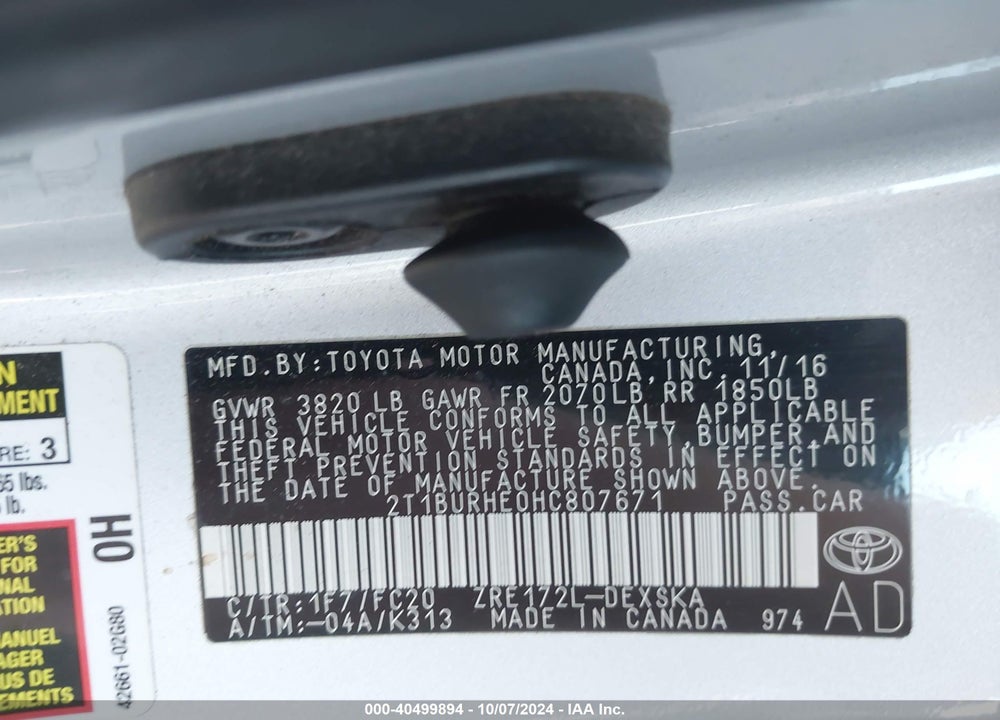 2017 TOYOTA COROLLA SE VIN: 2T1BURHE0HC807671