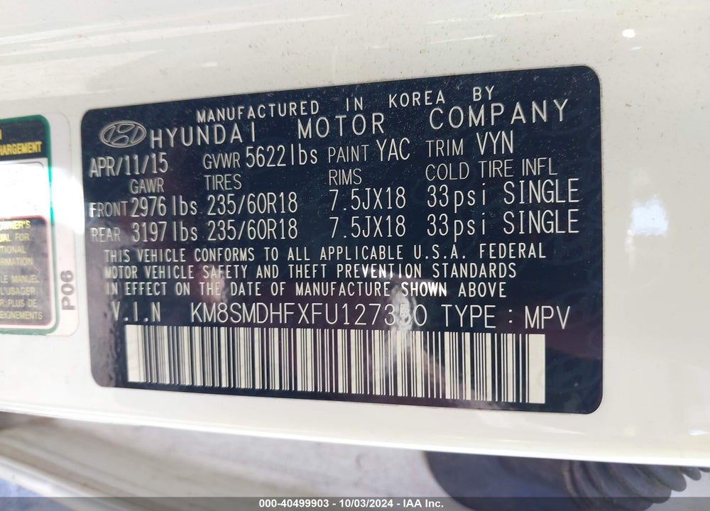2015 HYUNDAI SANTA FE GLS VIN: KM8SMDHFXFU127350