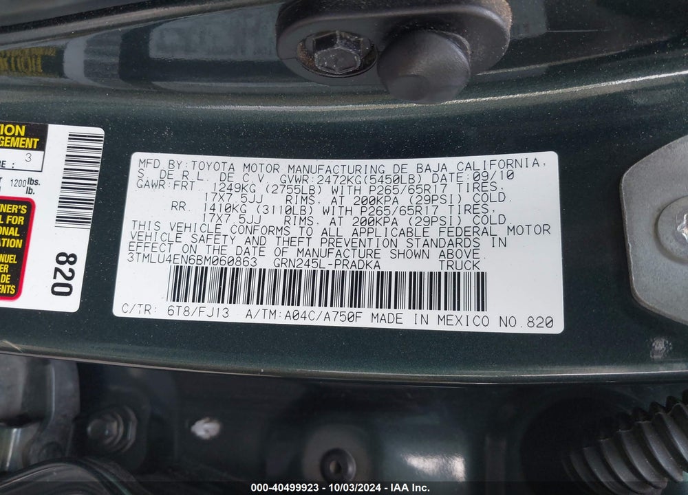 2011 TOYOTA TACOMA BASE V6 VIN: 3TMLU4EN6BM060863