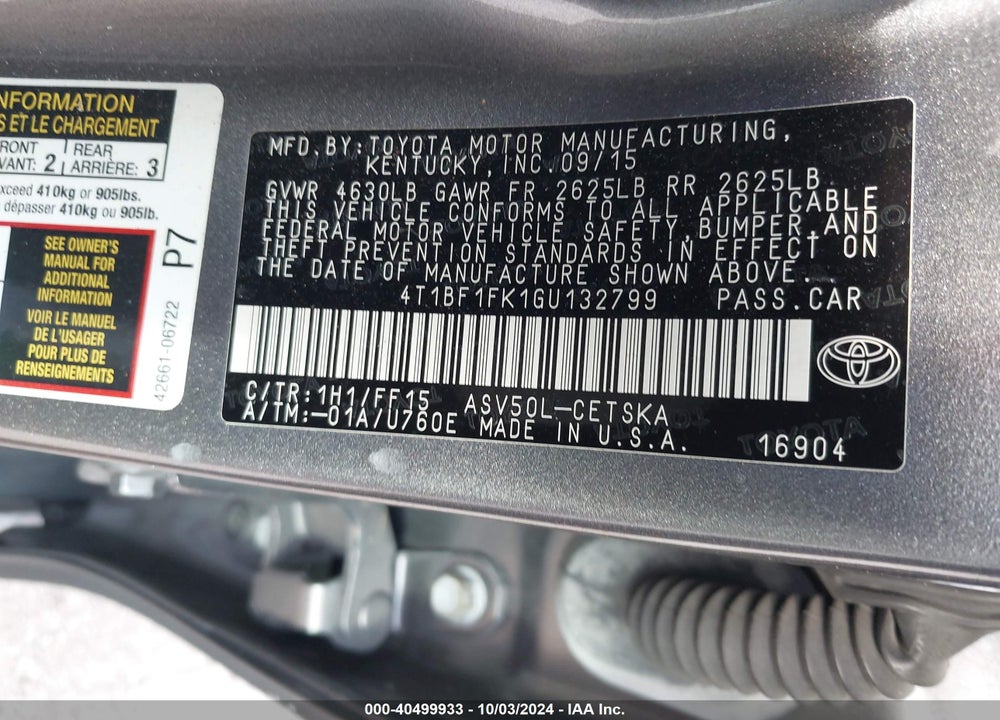 2016 TOYOTA CAMRY SE VIN: 4T1BF1FK1GU132799