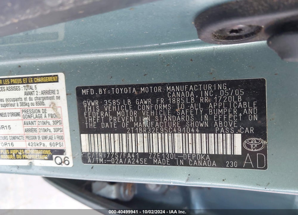 2005 TOYOTA COROLLA CE VIN: 2T1BR32E95C491044