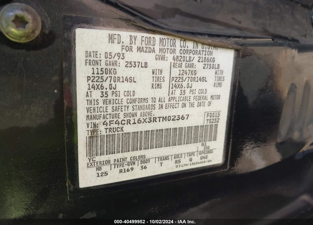 1994 MAZDA B4000 CAB PLUS VIN: 4F4CR16X3RTM02367