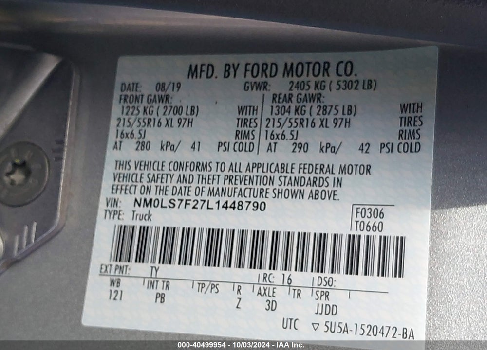 2020 FORD TRANSIT CONNECT XLT CARGO VAN VIN: NM0LS7F27L1448790