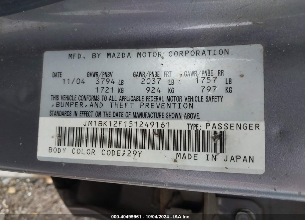 2005 MAZDA 3 I VIN: JM1BK12F151249161