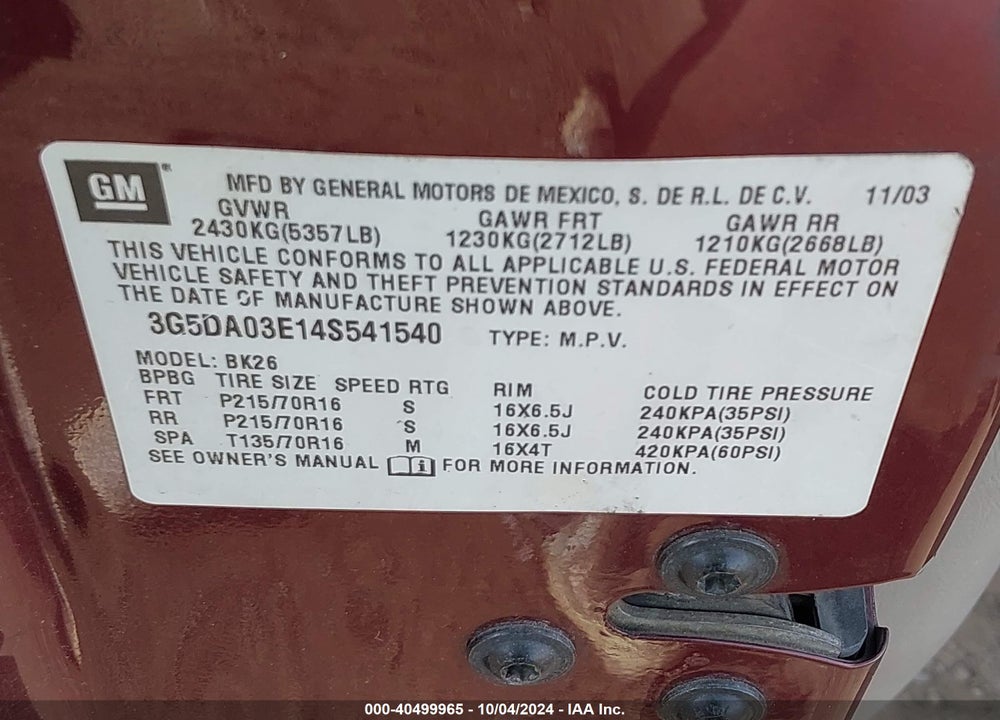 2004 BUICK RENDEZVOUS CX VIN: 3G5DA03E14S541540