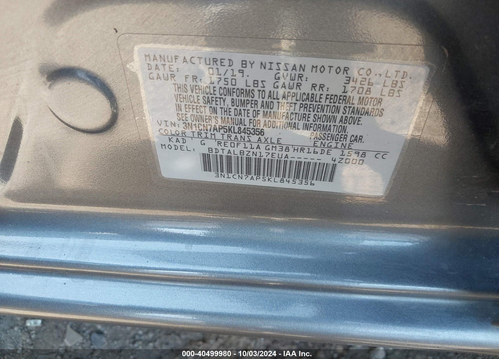 2019 NISSAN VERSA 1.6 SV VIN: 3N1CN7AP5KL845356