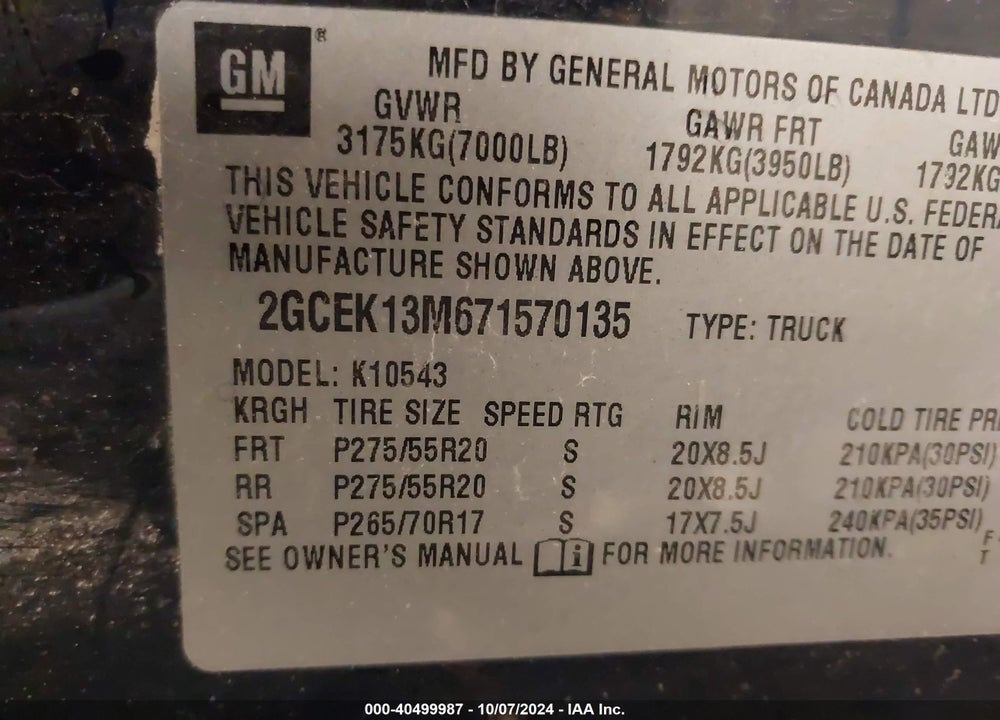 2007 CHEVROLET SILVERADO 1500 LTZ VIN: 2GCEK13M671570135