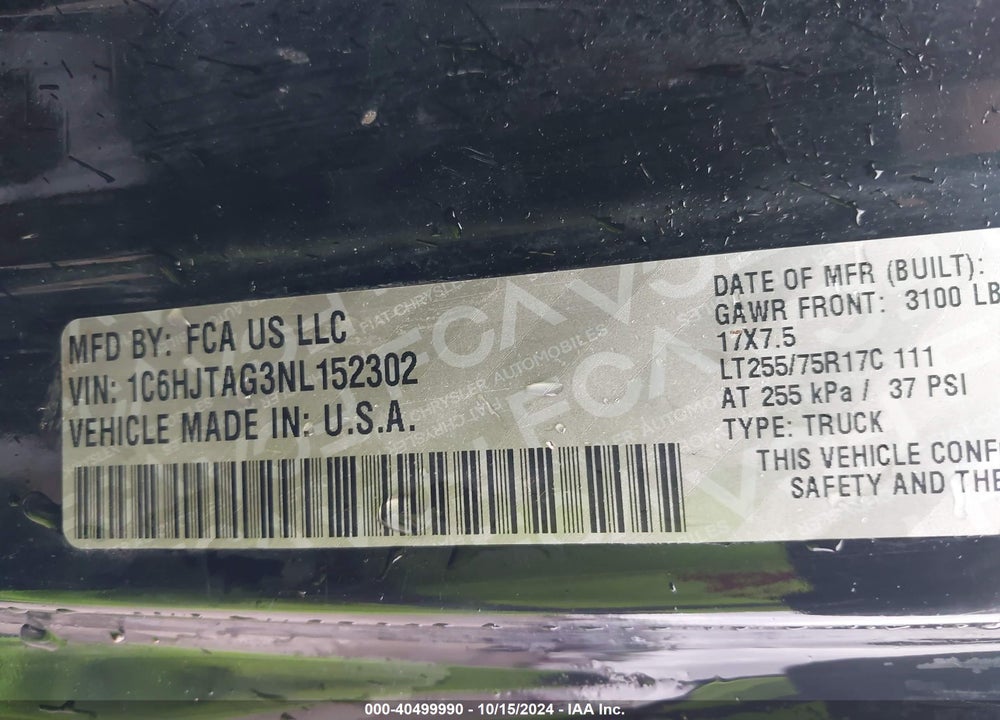 2022 JEEP GLADIATOR WILLYS 4X4 VIN: 1C6HJTAG3NL152302