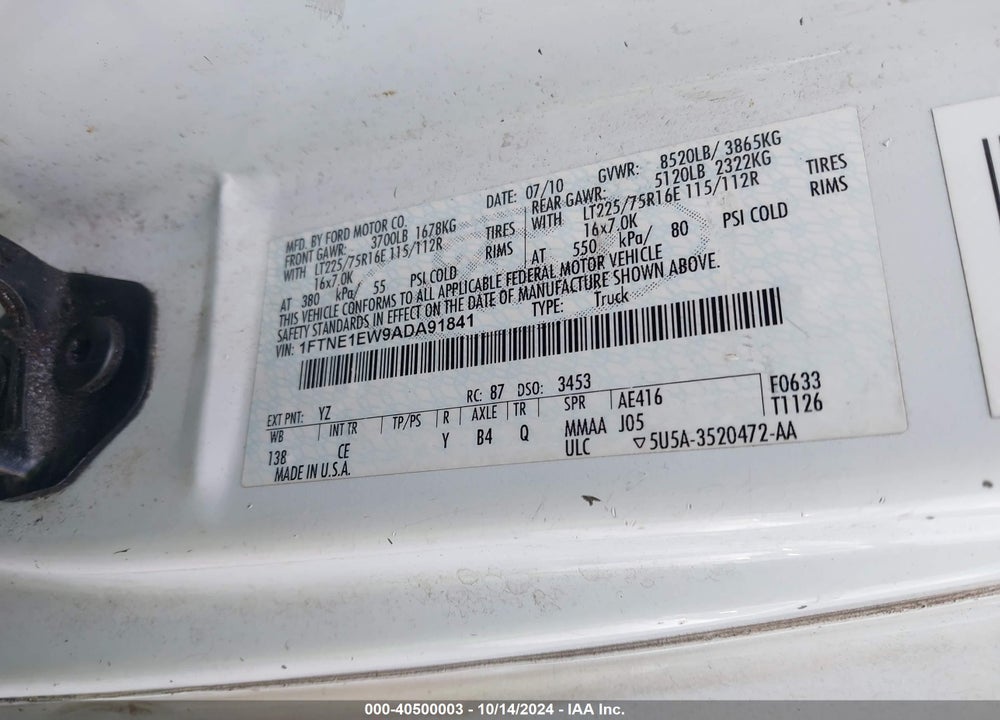 2010 FORD E-150 COMMERCIAL/RECREATIONAL VIN: 1FTNE1EW9ADA91841