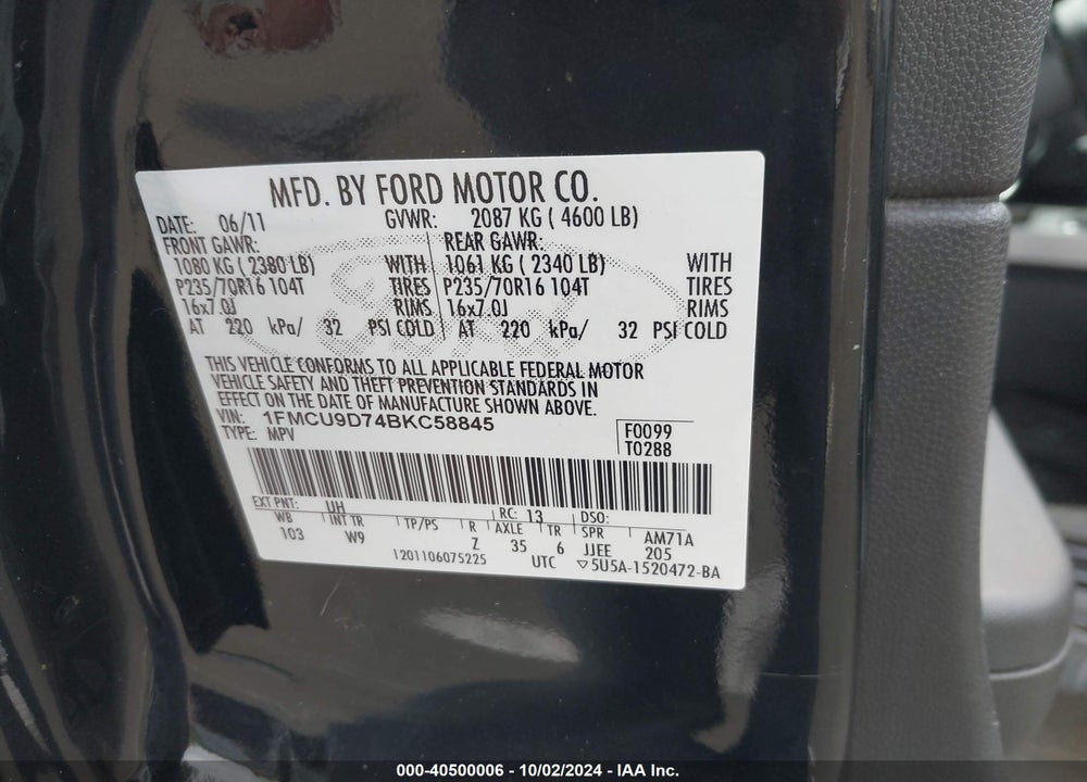 2011 FORD ESCAPE XLT VIN: 1FMCU9D74BKC58845