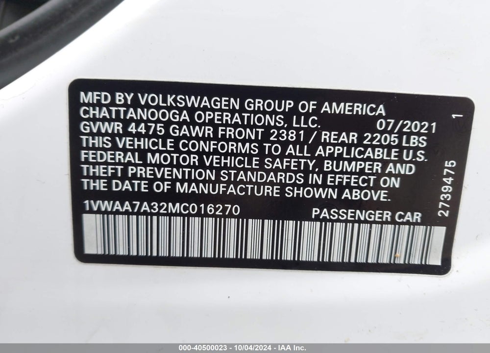 2021 VOLKSWAGEN PASSAT 2.0T S VIN: 1VWAA7A32MC016270