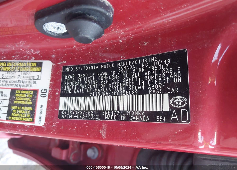 2019 TOYOTA COROLLA LE VIN: 2T1BURHE4KC196082