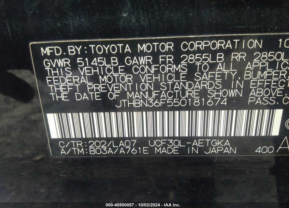 2005 LEXUS LS 430 VIN: JTHBN36F550181674