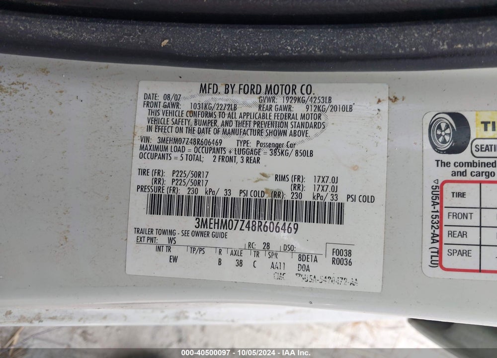2008 MERCURY MILAN I4 VIN: 3MEHM07Z48R606469