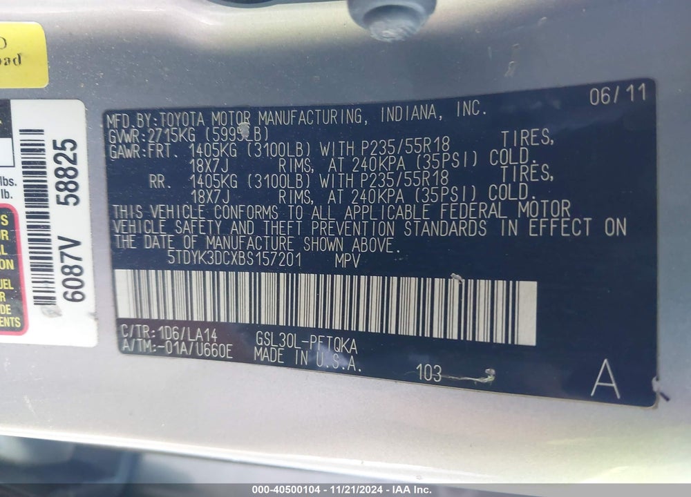 2011 TOYOTA SIENNA LTD VIN: 5TDYK3DCXBS157201
