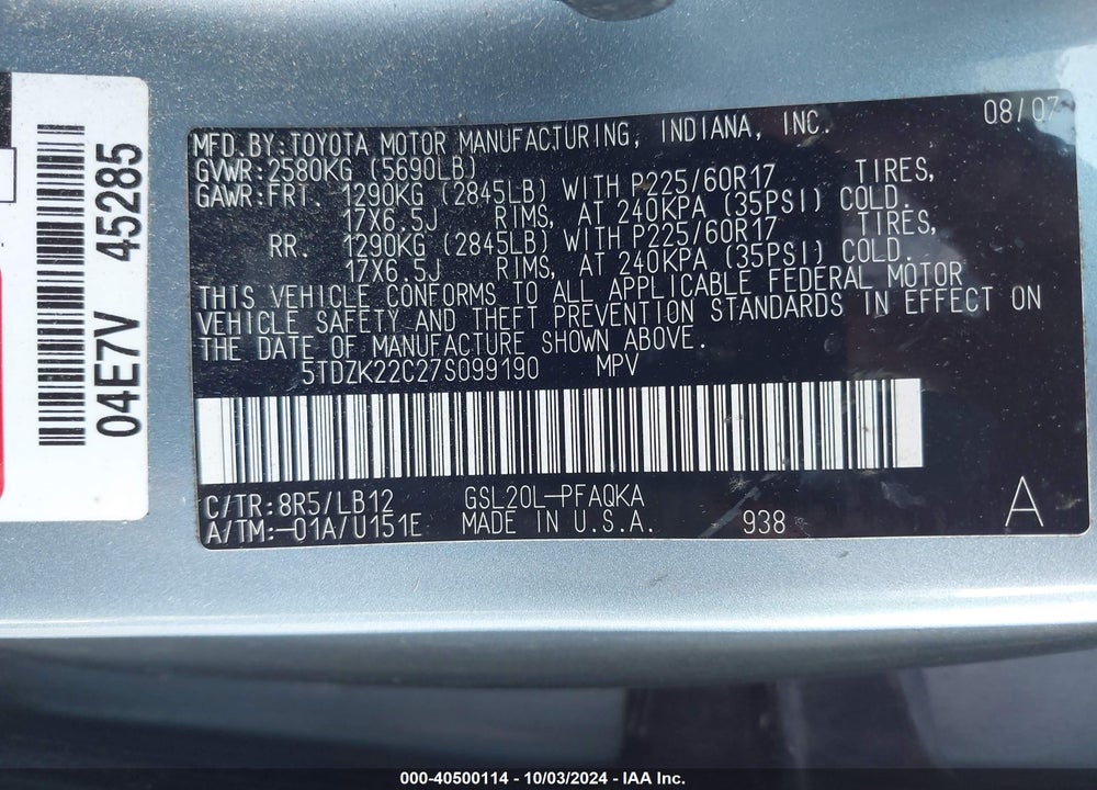 2007 TOYOTA SIENNA XLE VIN: 5TDZK22C27S099190