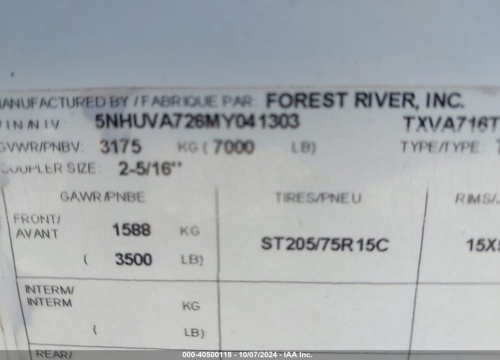 2021 FOREST RIVER CONTINENTAL CARGO VIN: 5NHUVA726MY041303