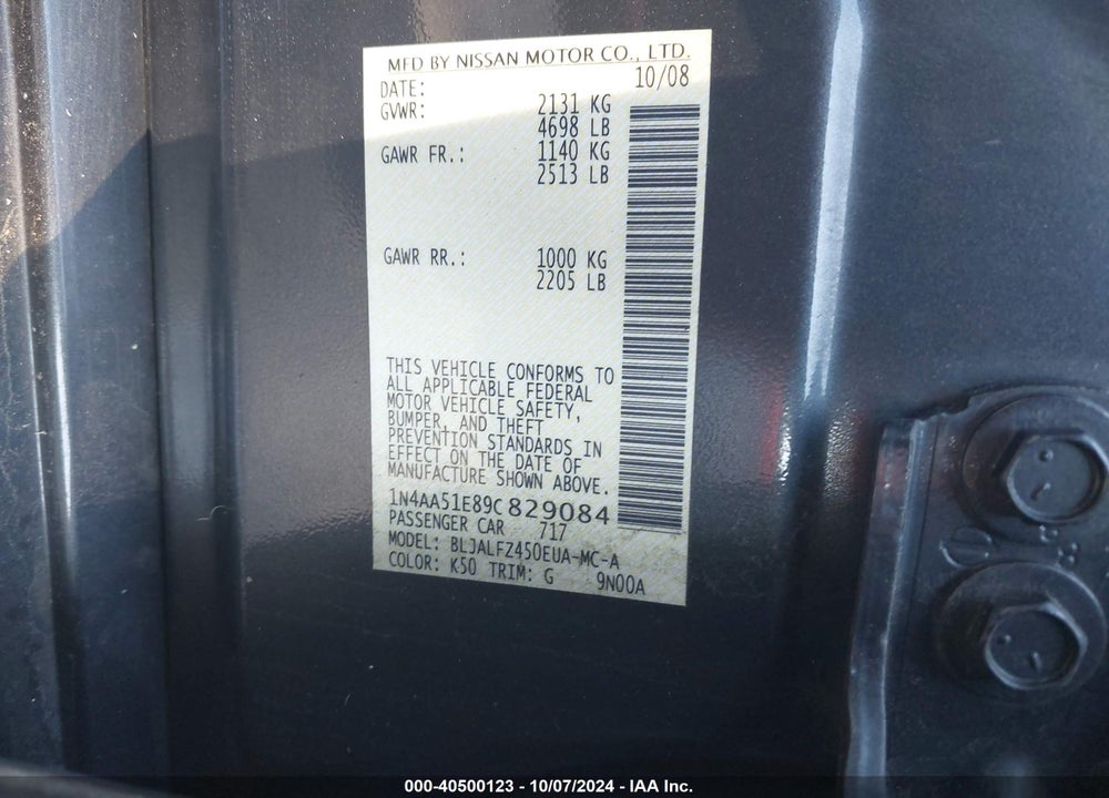2009 NISSAN MAXIMA 3.5 SV VIN: 1N4AA51E89C829084