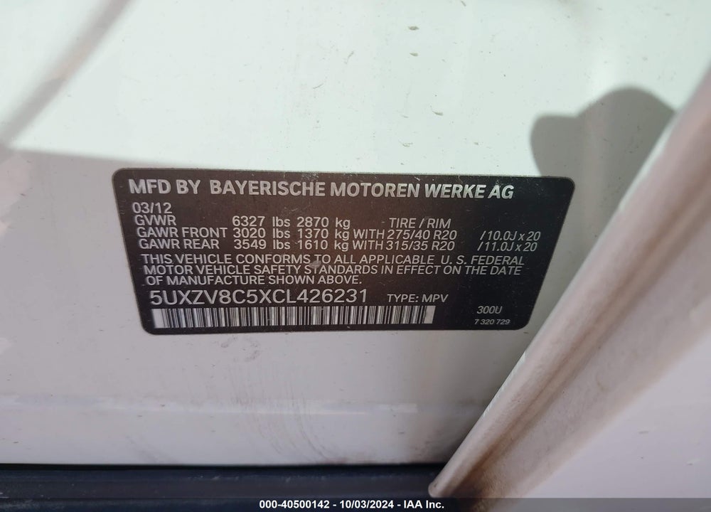 2012 BMW X5 XDRIVE50I VIN: 5UXZV8C5XCL426231