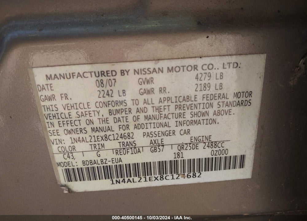 2008 NISSAN ALTIMA 2.5 S VIN: 1N4AL21EX8C124682