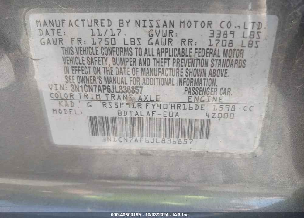 2018 NISSAN VERSA 1.6 S+ VIN: 3N1CN7AP6JL836857