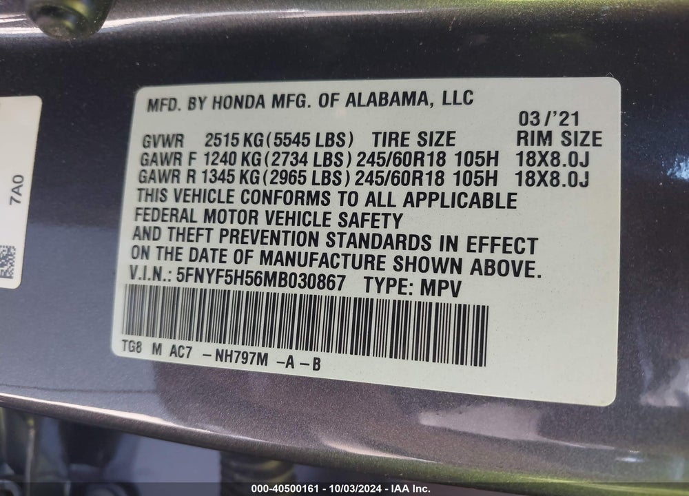 2021 HONDA PILOT 2WD EX-L VIN: 5FNYF5H56MB030867
