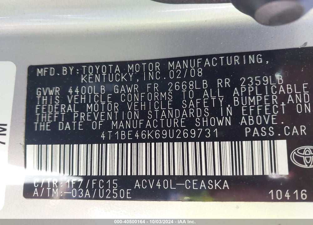 2009 TOYOTA CAMRY SE/LE/XLE VIN: 4T1BE46K69U269731