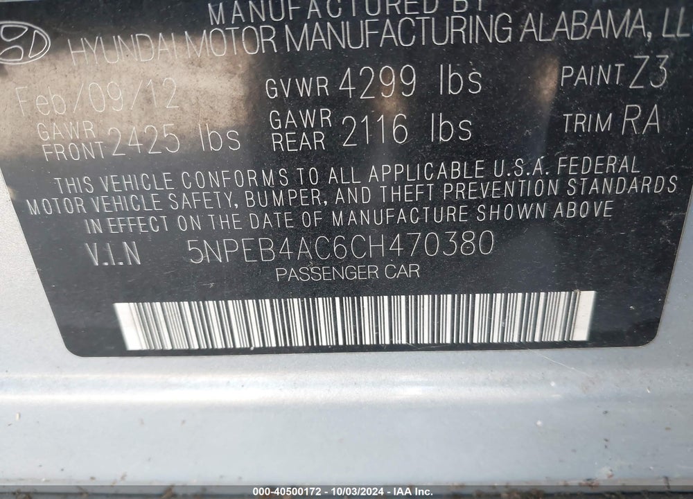 2012 HYUNDAI SONATA GLS VIN: 5NPEB4AC6CH470380
