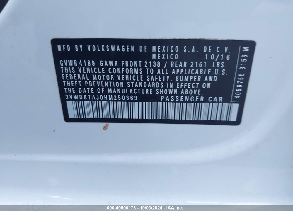 2017 VOLKSWAGEN JETTA 1.4T SE VIN: 3VWDB7AJ0HM250369