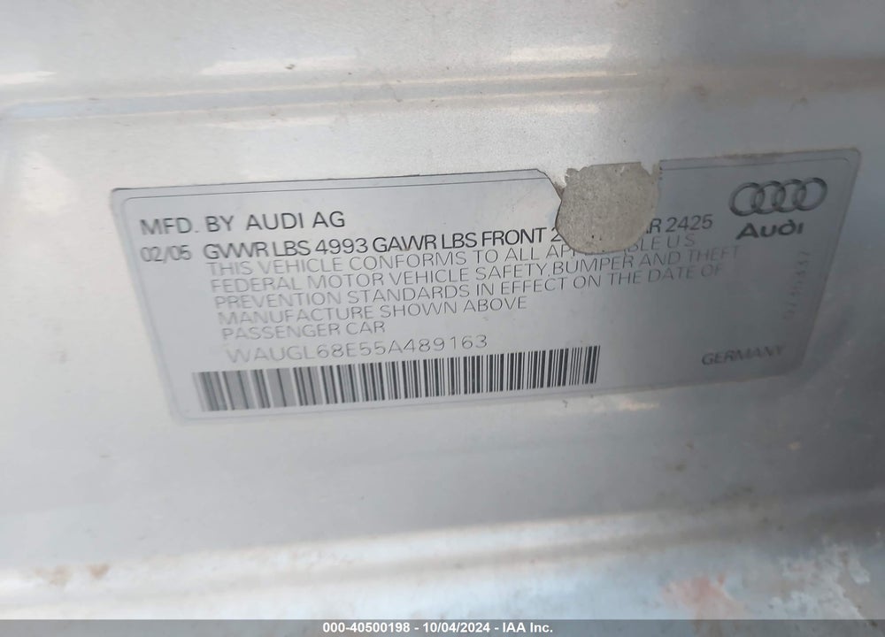 2005 AUDI S4 4.2 VIN: WAUGL68E55A489163