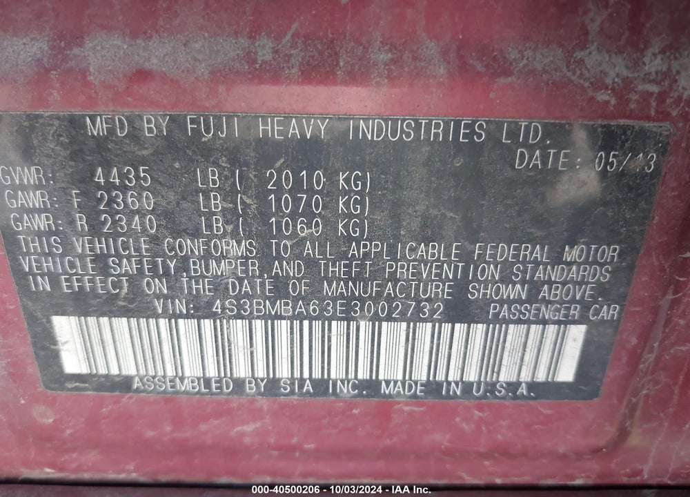 2014 SUBARU LEGACY 2.5I VIN: 4S3BMBA63E3002732